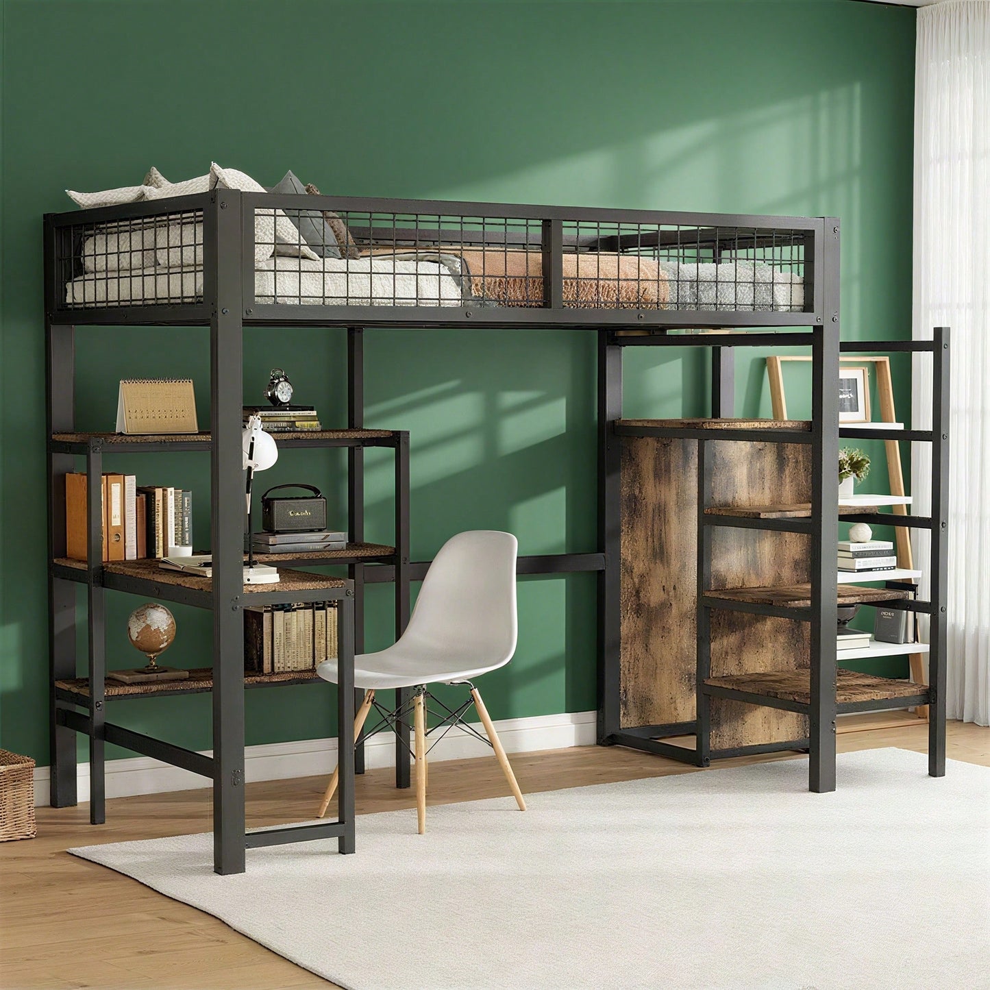 90*200cm Hochbett, Eisenbett, Untertisch, mehrere Einlegeböden, Einbauschrank, schwarz