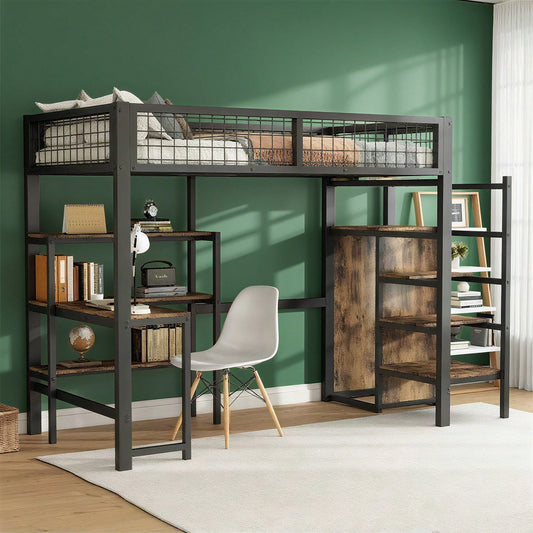 90*200cm Hochbett, Eisenbett, Untertisch, mehrere Einlegeböden, Einbauschrank, schwarz