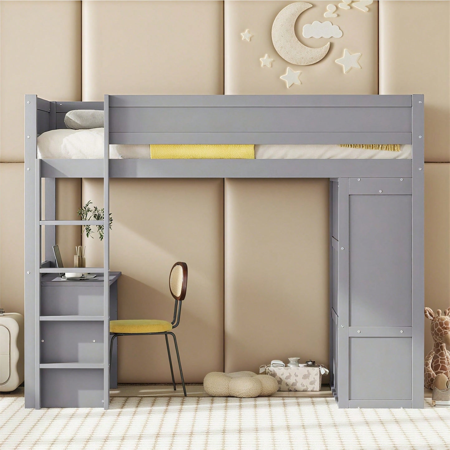 90*200cm Hochbett, vielseitiges Kinderbett, ausgestattet mit Kleiderschrank, Schreibtisch und Schubladen, weiß