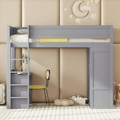 90*200cm Hochbett, vielseitiges Kinderbett, ausgestattet mit Kleiderschrank, Schreibtisch und Schubladen, weiß