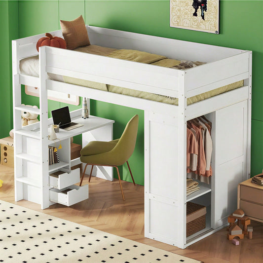 90*200cm Hochbett, vielseitiges Kinderbett, ausgestattet mit Kleiderschrank, Schreibtisch und Schubladen, weiß