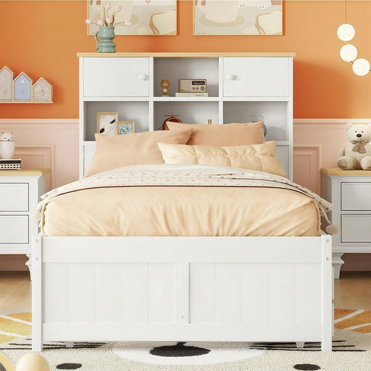 90*200cm Flachbett mit mehreren Staufächern am Kopfende des Bettes, ausgestattet mit ausziehbares Rollbett, drei Schubladen, weiß