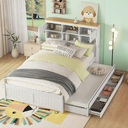 140*200cm Flachbett mit mehreren Staufächern am Kopfende des Bettes, ausgestattet mit ausziehbares Rollbett, drei Schubladen, weiß