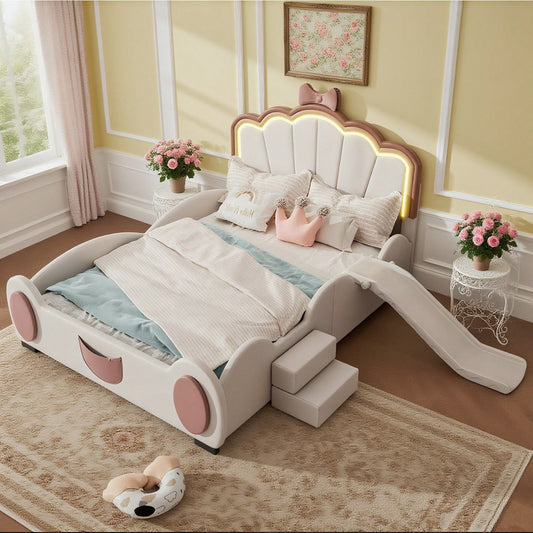 140*200cm Cartoon Bett Kinderbett Schmetterlingsbett LED-Farbwechsellicht, Fernbedienung, ausgestattet mit Rutsche und Leiter, PU-Material, schöne Form, rosa + weiß
