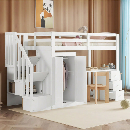 Hochbett, 90 x 200cm, Bett mit Lattenrost (ohne Matratze), Bett mit Kleiderschrank und Treppe, Schreibtisch, Schubladen und Kleiderschrank, weiß