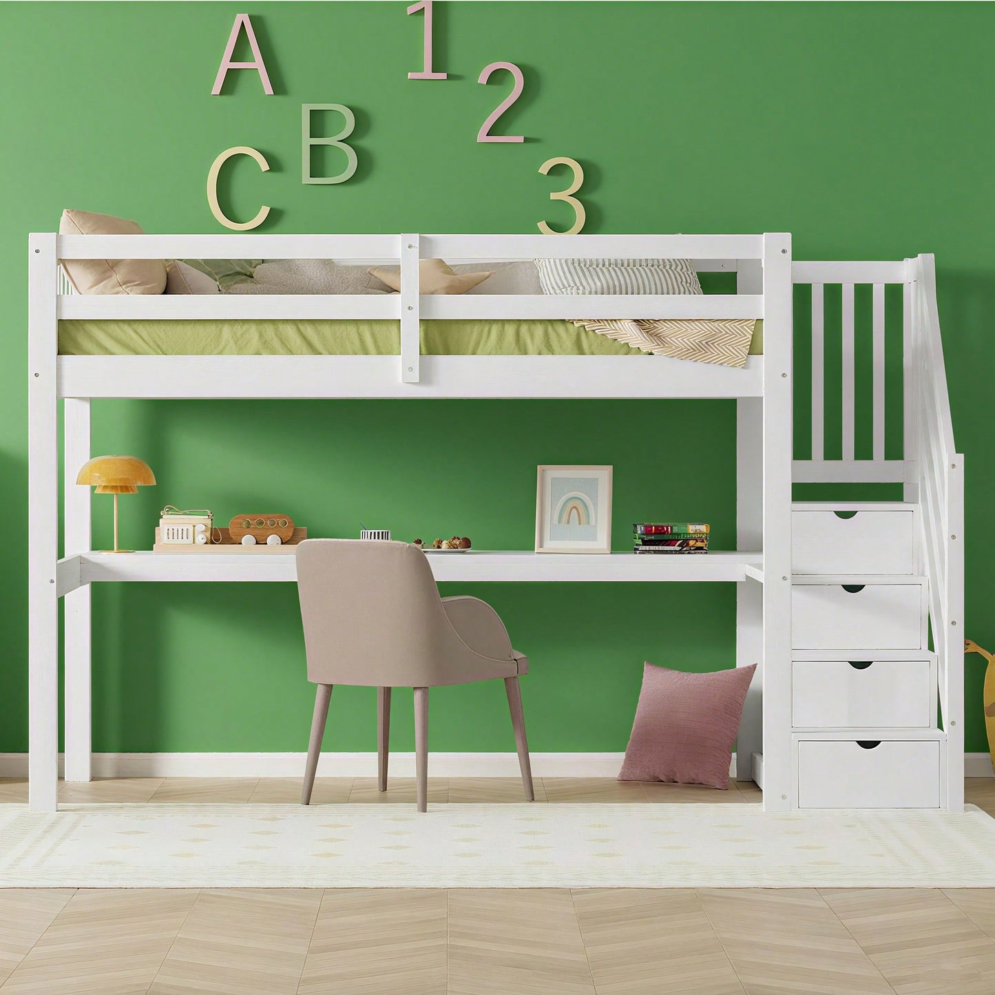 Hochbett ,90 x 200 ,Kinderhochbett mit Stauraumschubladen und Unterbettschreibtisch, Weiß