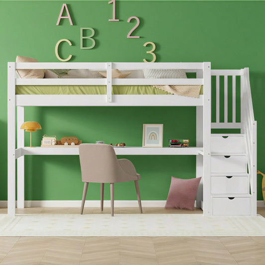 Hochbett ,90 x 200 ,Kinderhochbett mit Stauraumschubladen und Unterbettschreibtisch, Weiß