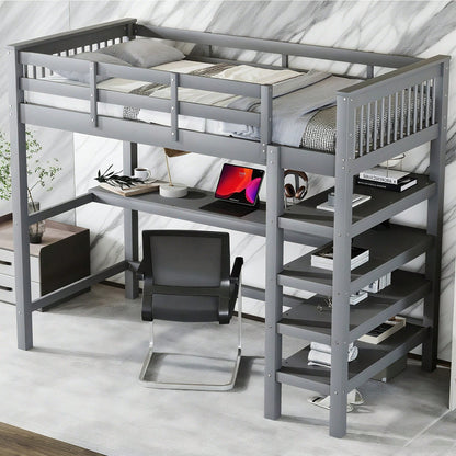 Hochbett, 90 x 200 ,Kinderhochbett mit Ablagefächern und Unterbettschreibtisch,Ohne Matratze, Weiß