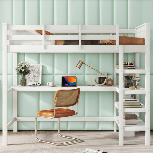 Hochbett, 90 x 200 ,Kinderhochbett mit Ablagefächern und Unterbettschreibtisch,Ohne Matratze, Weiß
