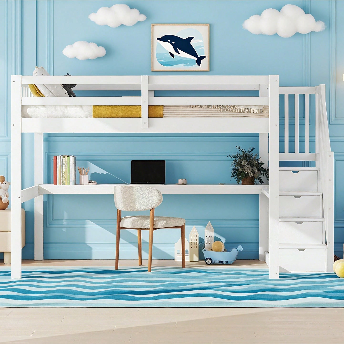 Hochbett ,140x 200 ,Kinderhochbett, mit Stauraumschubladen und Unterbettschreibtisch, Weiß