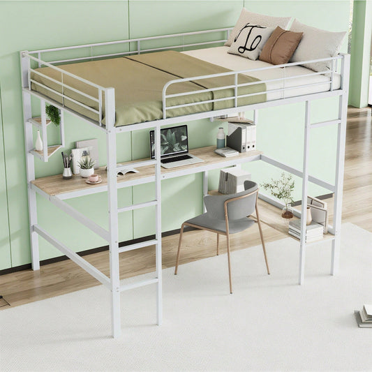 Hochbett, 140x200cm Bettgestell Metallbett, Eisenbett mit Schreibtisch, Ohne Matratze, Hochbett mit vier kleinen Regalen und einem großen Bücherregal für Kinder, Jugendliche und Erwachsene, Weiß