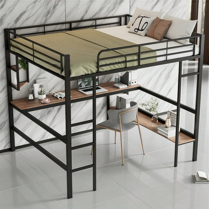 Hochbett, 140x200cm Bettgestell Metallbett, Eisenbett mit Schreibtisch, Ohne Matratze, Hochbett mit vier kleinen Regalen und einem großen Bücherregal für Kinder, Jugendliche und Erwachsene, Weiß