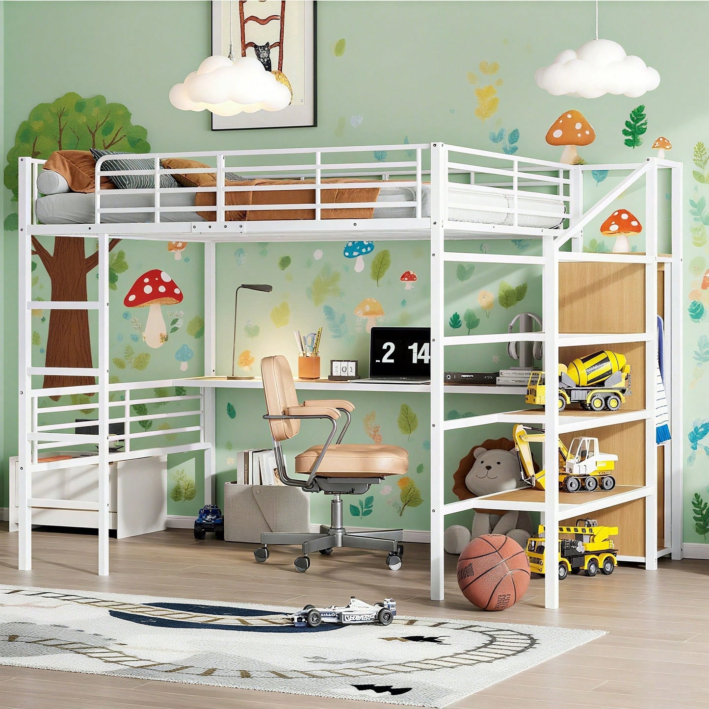 Hochbett, 140*200cm, Ohne Matratze, Schreibtisch, offener Kleiderschrank, Stufentreppe zur Aufbewahrung, Eisenrahmen, Weiß