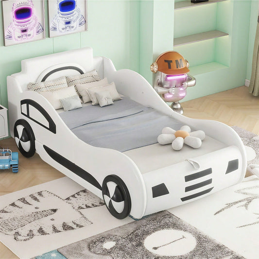 Flachbett, 90 x 200cm, Bett mit Lattenrost (ohne Matratze), Modell Autobett, Autobett, Kinderbett, Kinderbett mit Unterbettstauraum, Weiß