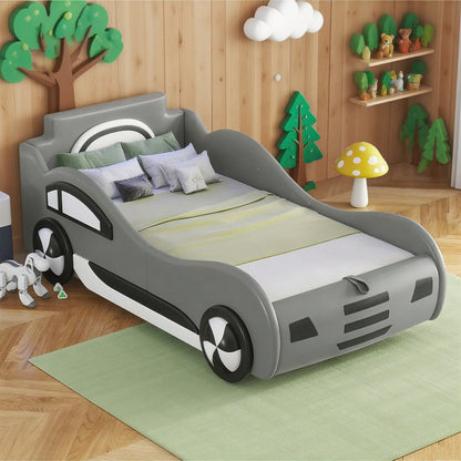 Flachbett, 90 x 200cm, Bett mit Lattenrost (ohne Matratze), Modell Autobett, Autobett, Kinderbett, Kinderbett mit Unterbettstauraum, Weiß