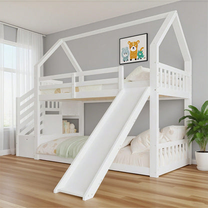 Etagenbett mit Stauraumtreppe und Rutsche, Hausbett(Ohne Matratze), Kinderbett mit Geländer, geeignet für Kinder, Jugendliche, 90x200cm, Weiß