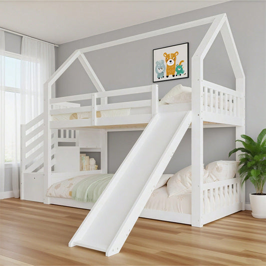 Etagenbett mit Stauraumtreppe und Rutsche, Hausbett(Ohne Matratze), Kinderbett mit Geländer, geeignet für Kinder, Jugendliche, 90x200cm, Weiß