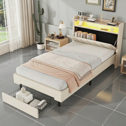 90*200cm Flachbett, Polsterbett, LED-Wärmelampe, USB-Steckdose, aufklappbares Kopfteil, eingebautes Staufach, Bettkästen, Grau