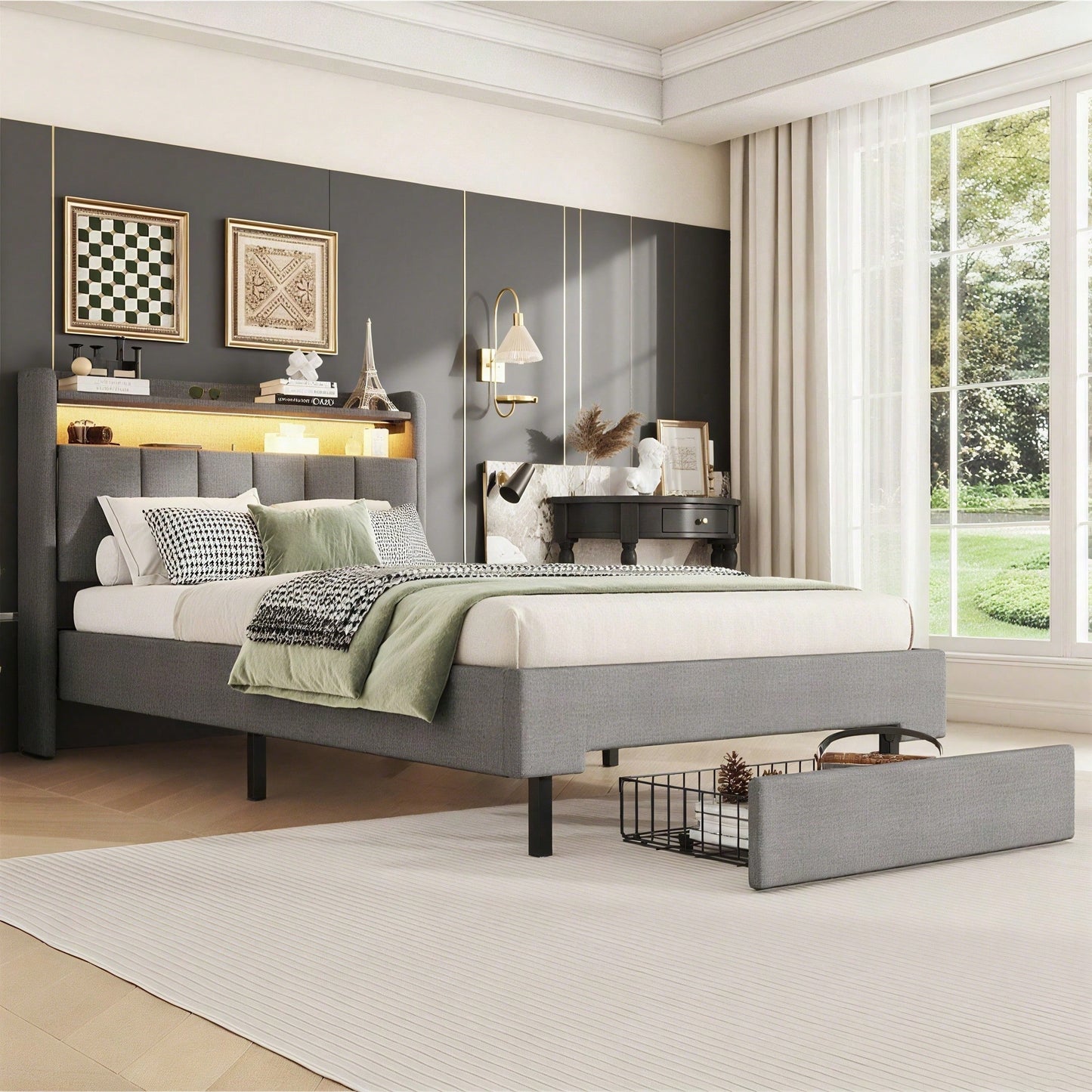 90*200cm Flachbett, Polsterbett, LED-Wärmelampe, USB-Steckdose, aufklappbares Kopfteil, eingebautes Staufach, Bettkästen, Grau