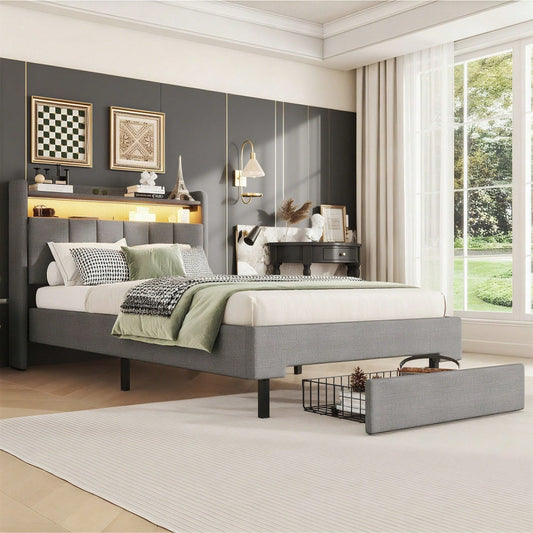 90*200cm Flachbett, Polsterbett, LED-Wärmelampe, USB-Steckdose, aufklappbares Kopfteil, eingebautes Staufach, Bettkästen, Grau