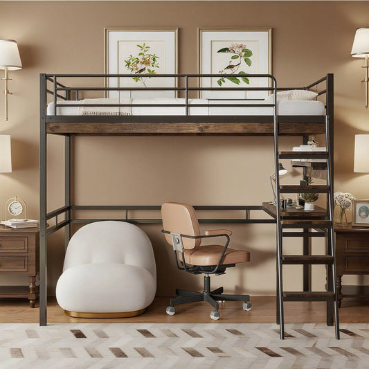 Hochbett, 90*200cm , Ohne Matratze, Bett mit Schreibtisch, Regale, Geländer, Leiter, Eisenrahmen, Schwarz
