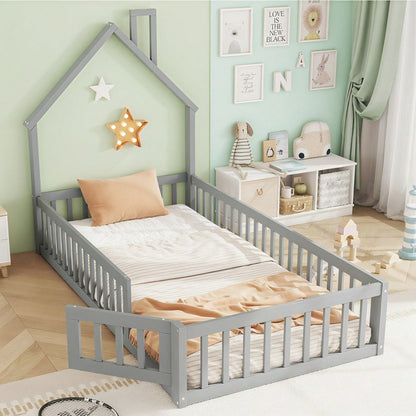 Hausbett, 90 x 200 cm, Kinderbett mit Schornsteinform, Bett mit Lattenrost (ohne Matratze), Kiefernholz, Minimalistischer Stil, Weiß