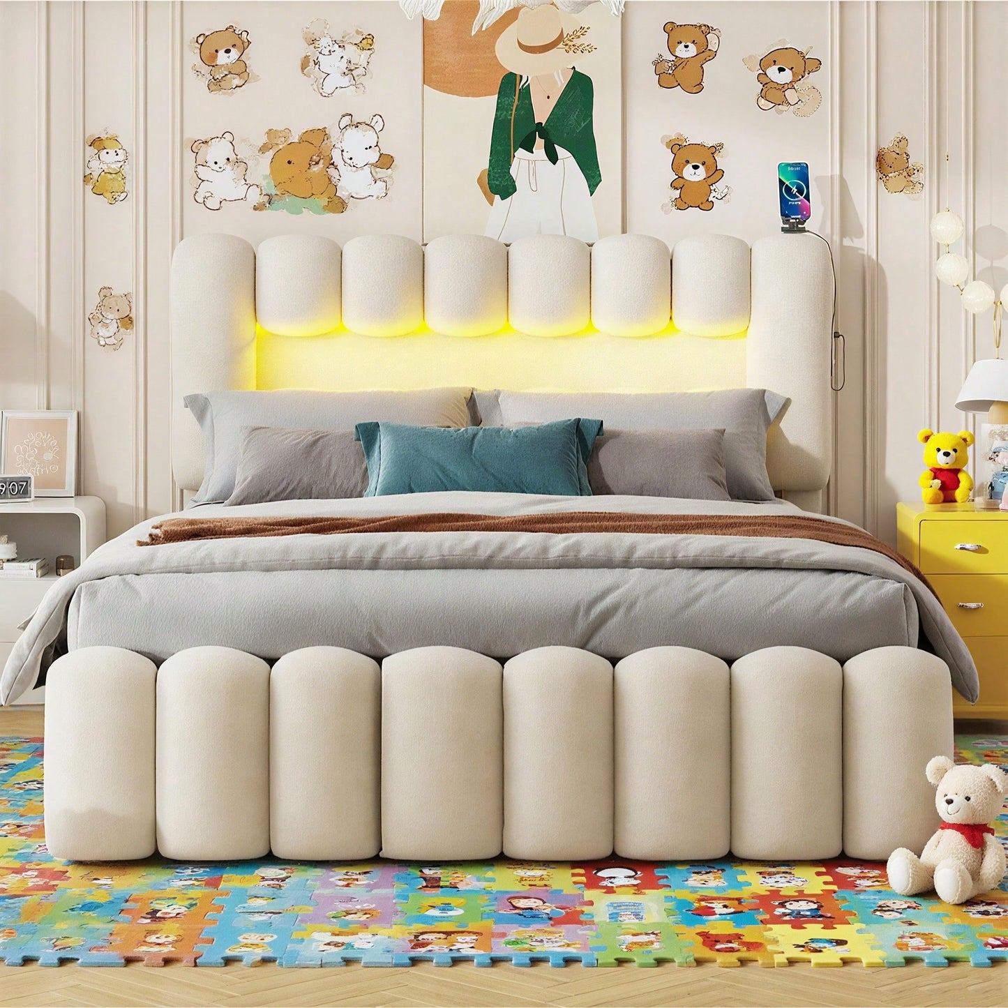 Polsterbett, 160 x 200cm, Ohne Matratze, Polsterbett mit 4 Schubladen, Polsterbet Bett mit LED-Lichtleiste mit USB und Stereoanlage, Samt, Grau