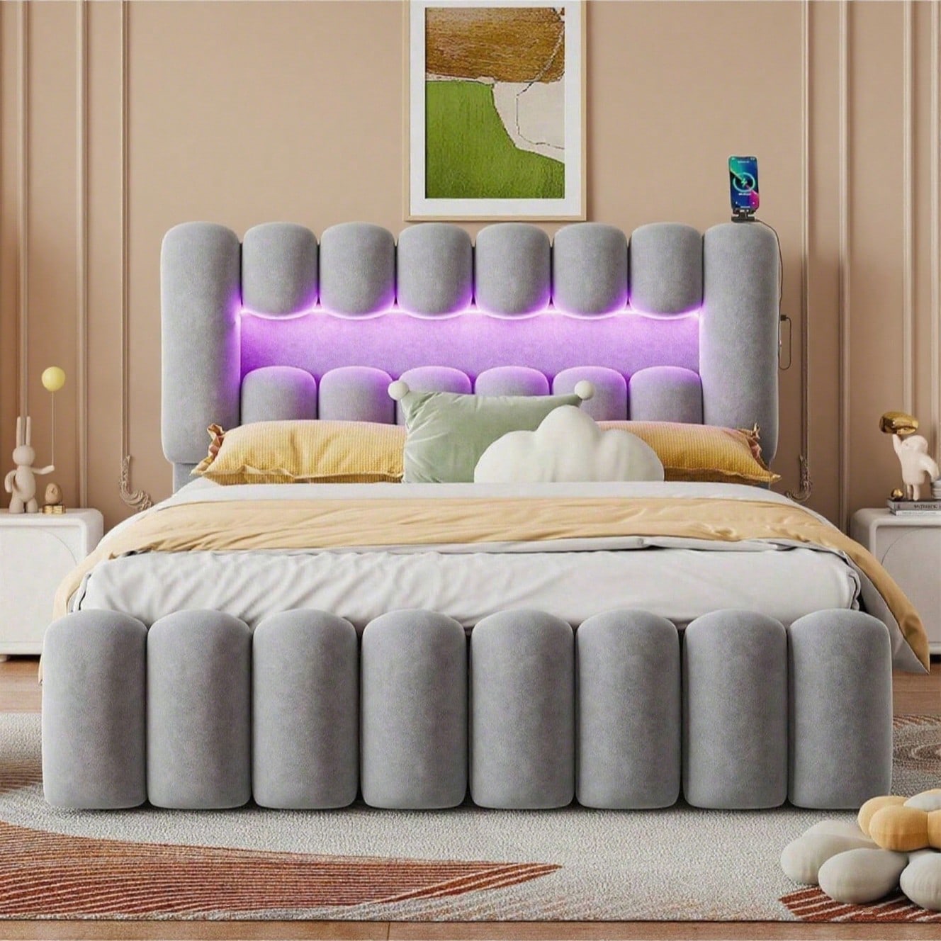 Polsterbett, 160 x 200cm, Ohne Matratze, Polsterbett mit 4 Schubladen, Polsterbet Bett mit LED-Lichtleiste mit USB und Stereoanlage, Samt, Grau