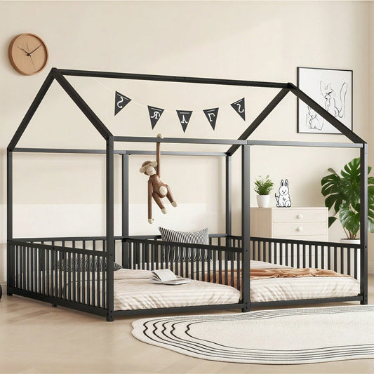 Metallbett, Kinderbett, 90*200cm , Ohne Matratze, Geländer, Leiter, Hausmodellierung, Doppelbett Design, Doppelbett, Eisenrahmen, Schwarz