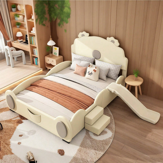 140*200cm Cartoon Bett, Kinderbett, Bärenbett, ausgestattet mit Rutsche und Leiter, PU Material, leicht zu reinigen, niedliche Form, Beige