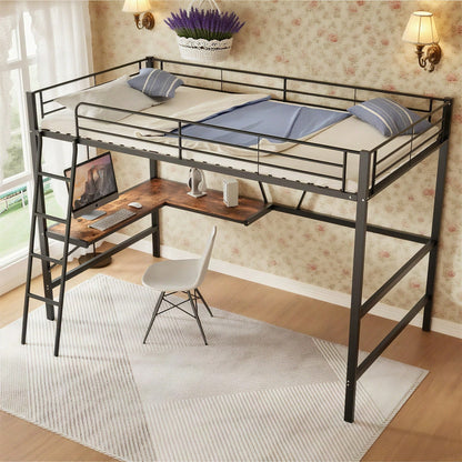 90x200cm Bettgestell Metallbett, Eisenbett, Hochbett mit L-förmigem Schreibtisch und einem Regal für Kinder, Jugendliche und Erwachsene, schwarz