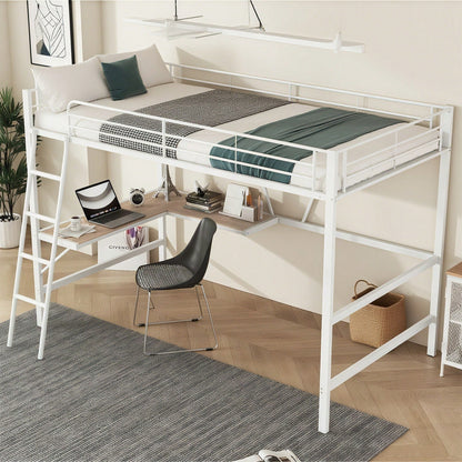 90x200cm Bettgestell Metallbett, Eisenbett, Hochbett mit L-förmigem Schreibtisch und einem Regal für Kinder, Jugendliche und Erwachsene, schwarz