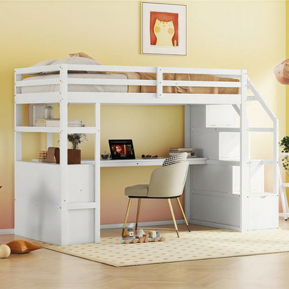 90*200cm, Hochbett, Bett und Tisch, Stauraumleiter, zwei Schubladen, weiß