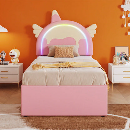 90*200cm Cartoon Kinderbett, Einhornform, ausgestattet mit ausziehbares rollbett, PU-Material, rosa