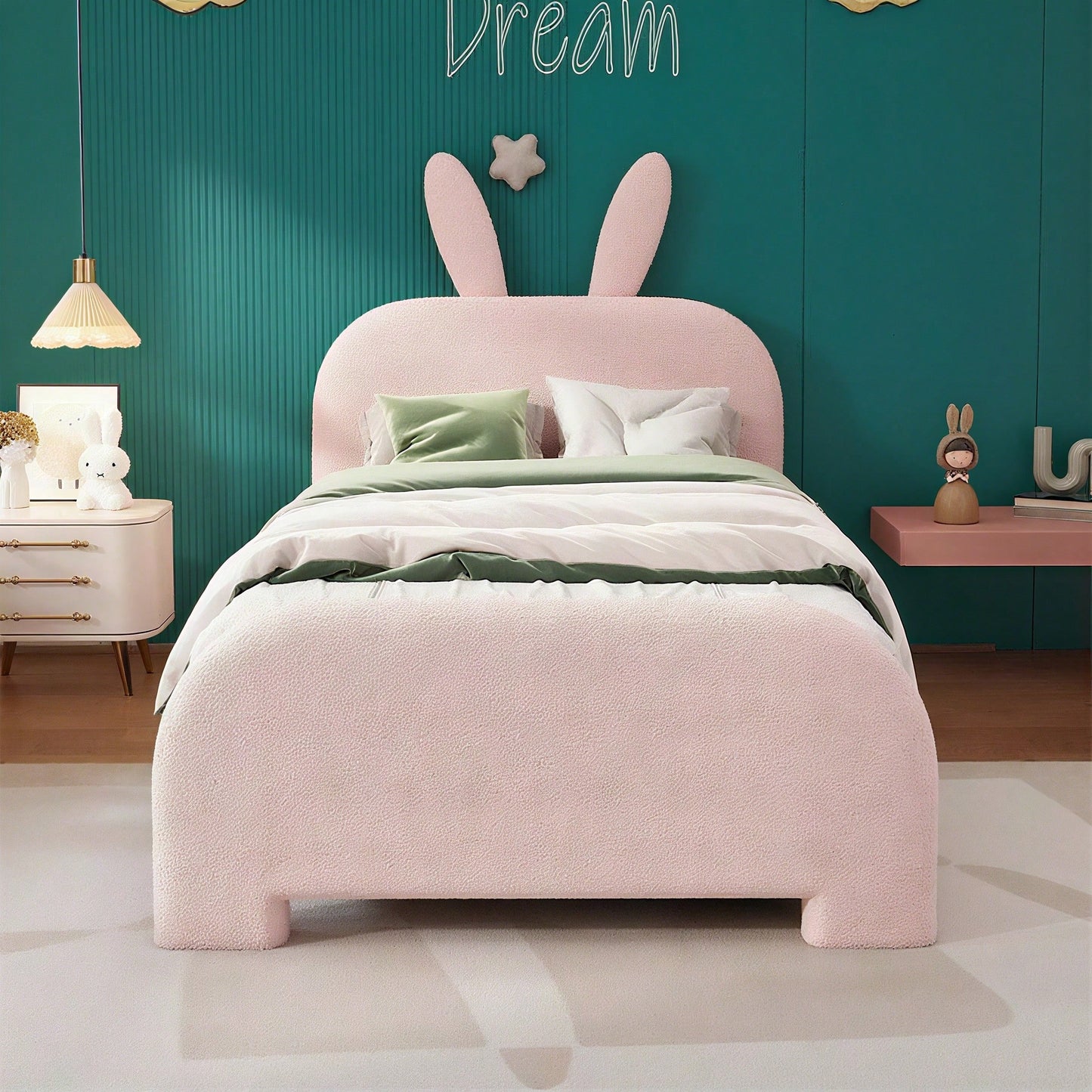 90*200cm Flaches Bett, gepolstert, Schafwolle resistent, Cartoon Kaninchenform, zwei Schubladen, rosa