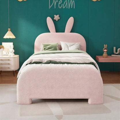 90*200cm Flaches Bett, gepolstert, Schafwolle resistent, Cartoon Kaninchenform, zwei Schubladen, rosa
