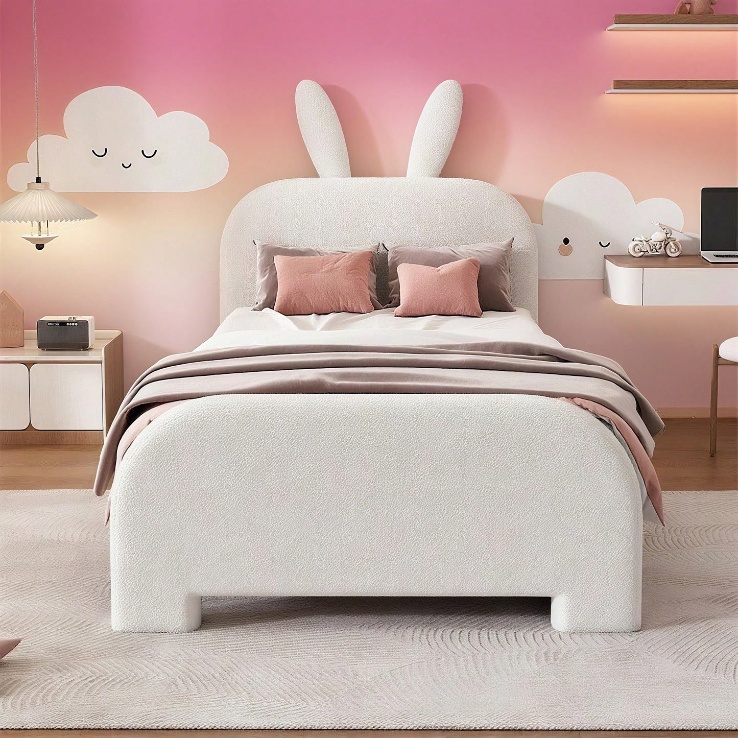 90*200cm Flaches Bett, gepolstert, Schafwolle resistent, Cartoon Kaninchenform, zwei Schubladen, rosa