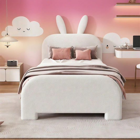 90*200cm Flaches Bett, gepolstert, Schafwolle resistent, Cartoon Kaninchenform, zwei Schubladen, rosa