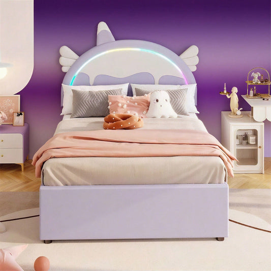 140*200cm Cartoon Kinderbett, Einhornform, ausgestattet mit ausziehbares rollbett, PU-Material,Violett