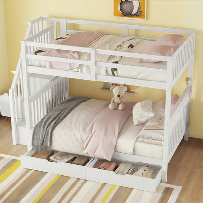140*200cm Etagenbett, Treppenregal, ausgestattet mit zwei Schubladen, hohe Geländer, EN747-1 zertifiziert, weiß