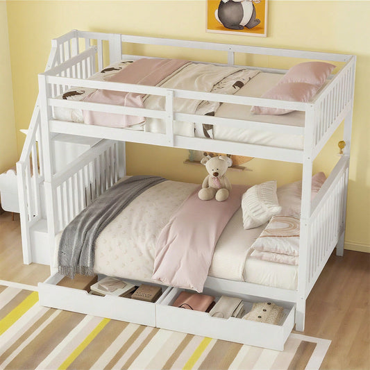 140*200cm Etagenbett, Treppenregal, ausgestattet mit zwei Schubladen, hohe Geländer, EN747-1 zertifiziert, weiß