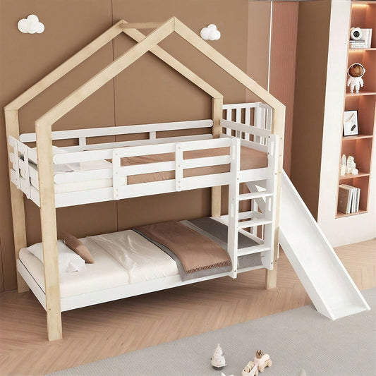 Etagenbett mit Rutsche und dreistufiger Winkelaufstiegsleiter, Hausbett mit mit Absturzsicherung, Kinderbett, Bettrahmen aus Massivholz, Weiß+Natur, 90x200cm