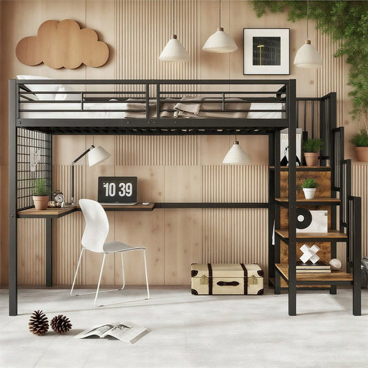 Eisenbett, Etagenbett, Hochbett, Geeignet für Kinder und Jugendliche, mit Tisch und Kleiderschrank, Seitenleiter mit Handlauf, Eisen+Spanplatte, Schwarz+dunkle Holzfarbe, 90x200cm