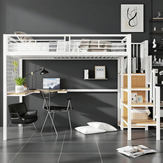 Eisenbett, Etagenbett, Hochbett, Geeignet für Kinder und Jugendliche, mit Tisch und Kleiderschrank, Seitenleiter mit Handlauf, Eisen+Spanplatte, Weiß+Natur, 90x200cm