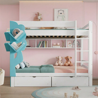 Etagenbett, Kreatives Kinderbett, Bücherregal in Baumform, Offenes Regal, Zwei Schubladen mit Rollen, Mit Fallschutzgitter, Reichlich Stauraum, Kiefer+MDF, Weiß+Blau, 90x200cm