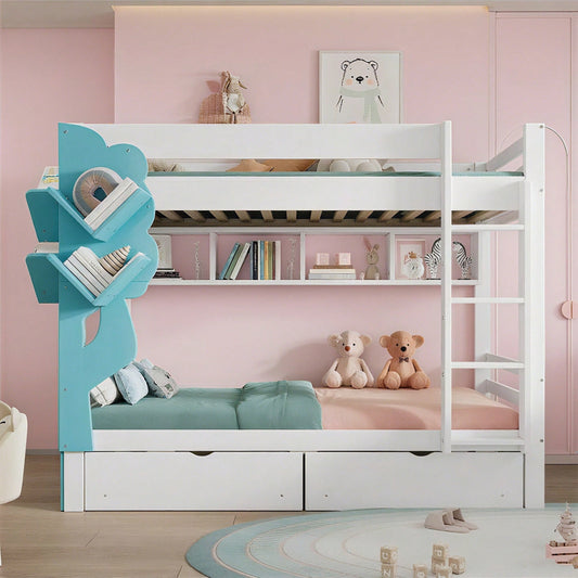 Etagenbett, Kreatives Kinderbett, Bücherregal in Baumform, Offenes Regal, Zwei Schubladen mit Rollen, Mit Fallschutzgitter, Reichlich Stauraum, Kiefer+MDF, Weiß+Blau, 90x200cm