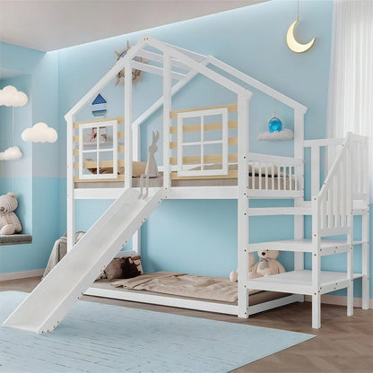 Etagenbett, Holzbett mit Treppe und Gitter, mit Rutsche und Fenster, Blockhaus Kinderbett mit Absturzsicherung, Bettrahmen aus Massivholz, Weiß(90x200 cm)