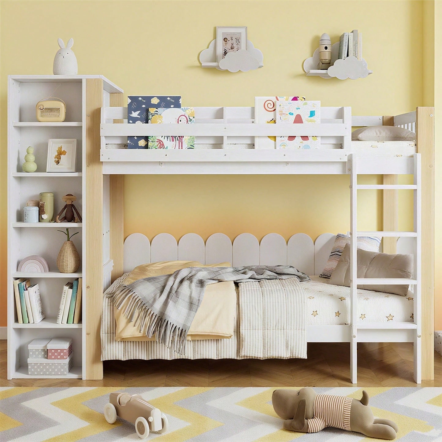 Etagenbett, Kinderbett mit Fallschutz und Gitter, mit 4-stufiger Leiter, 6 offenen Regalen, Kleiderschrank seitlich, Reichlich Stauraum, Kiefer+PB, Weiß+Natur, 90x200cm