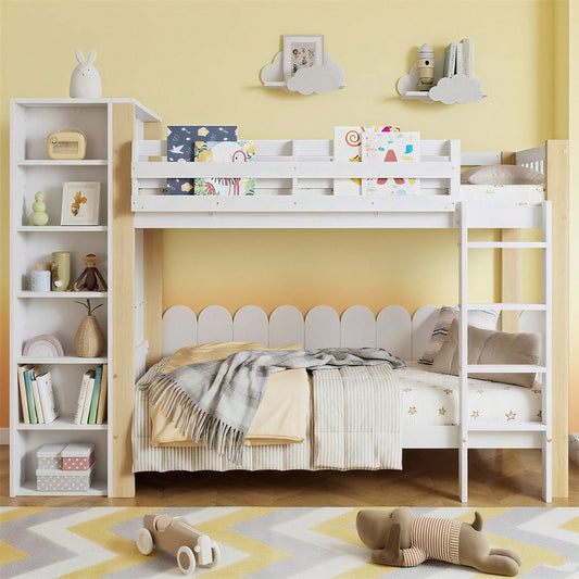 Etagenbett, Kinderbett mit Fallschutz und Gitter, mit 4-stufiger Leiter, 6 offenen Regalen, Kleiderschrank seitlich, Reichlich Stauraum, Kiefer+PB, Weiß+Natur, 90x200cm
