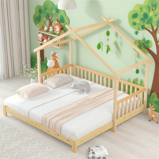 Erweiterbares Baumhausbett, Hausbett, Kinderbett, Tagesbett, Einzel- und Doppelbett, reines Massivholz, natur (200x90cm)